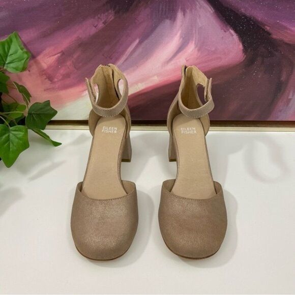 Eileen Fisher Indi Metallic Ankle-Grip Pumps in Suede Platinum Pumps Size 8 - Picture 7 of 16